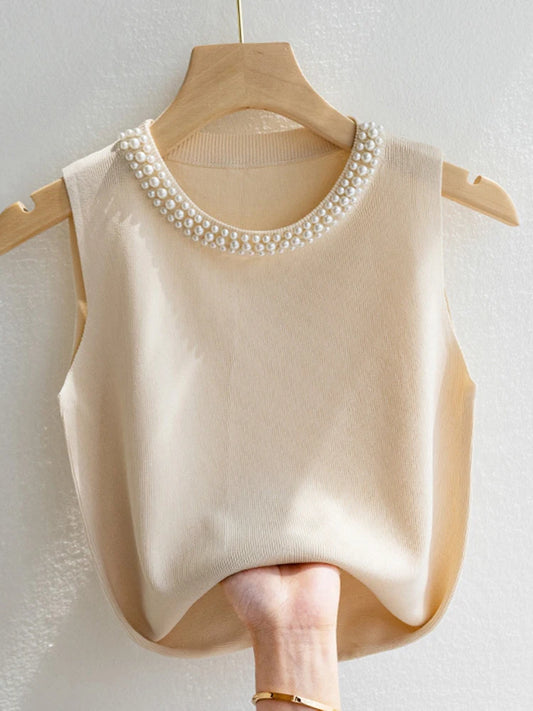 👚 Chaleco tejido estilo coreano para mujer. Top sin mangas con cuentas decorativas, diseño sólido y ligero. Perfecto para verano, casual y a la moda.