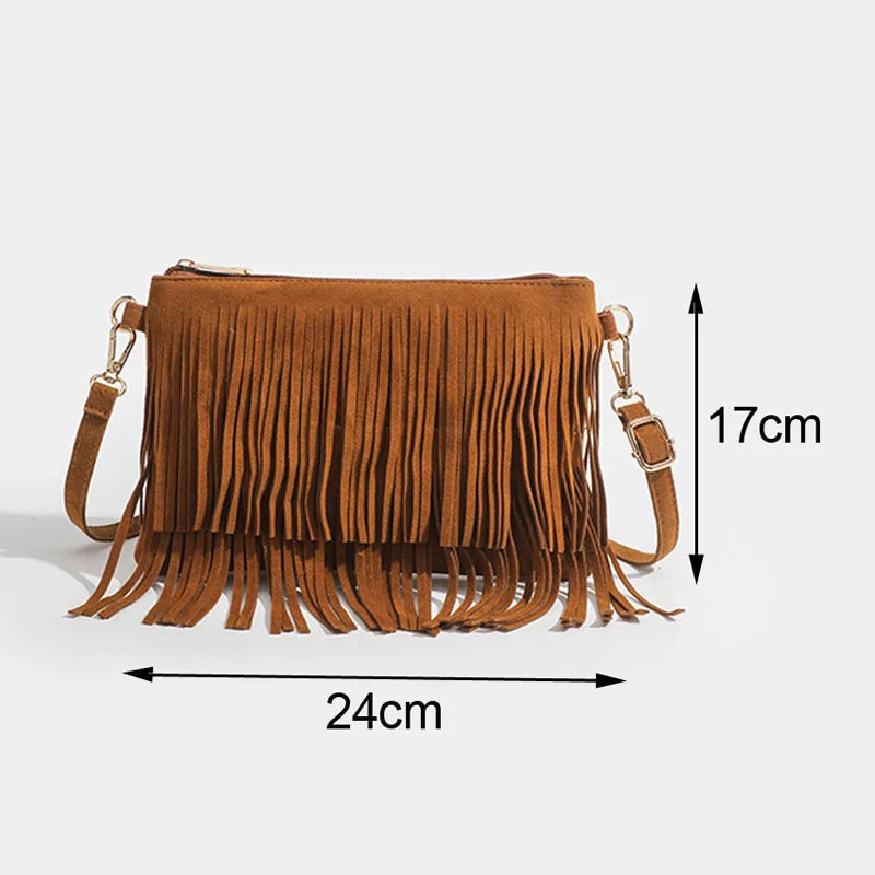“Bolso cruzado vintage con borlas, estilo boho chic, versátil para uso diario o como regalo elegante.”