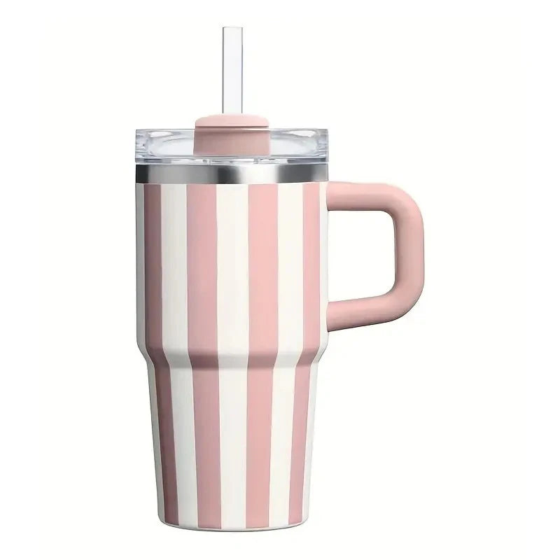 “Taza térmica retro estilo cerámica de 20oz, acero inoxidable con rayas, asa resistente y gran capacidad para café o bebidas en el coche.”