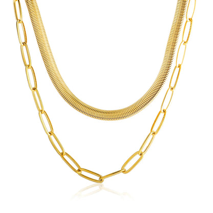 Collar punk vintage de doble capa con cadena de serpiente y colgante, acero inoxidable dorado, estilo choker grueso y moderno para mujer.