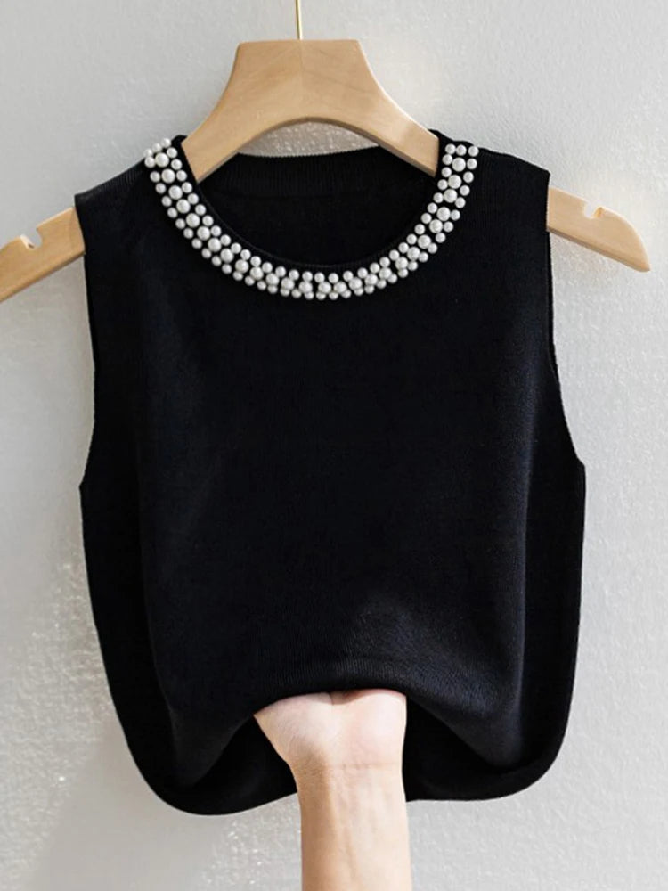 👚 Chaleco tejido estilo coreano para mujer. Top sin mangas con cuentas decorativas, diseño sólido y ligero. Perfecto para verano, casual y a la moda.