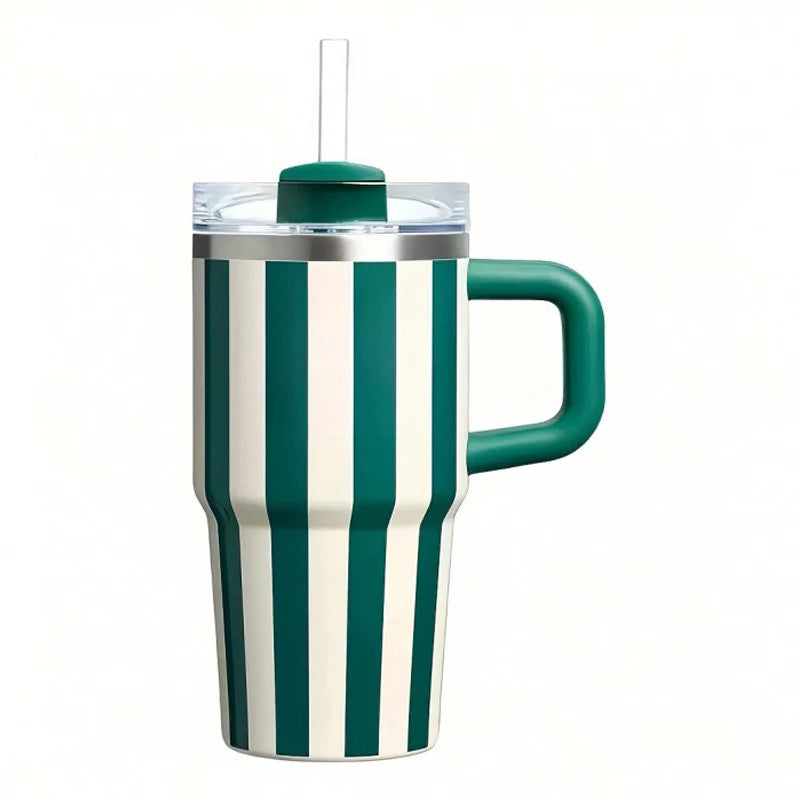 “Taza térmica retro estilo cerámica de 20oz, acero inoxidable con rayas, asa resistente y gran capacidad para café o bebidas en el coche.”