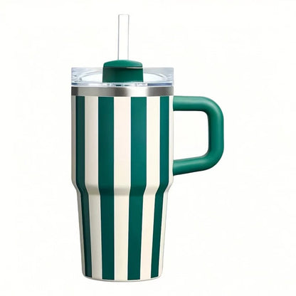 “Taza térmica retro estilo cerámica de 20oz, acero inoxidable con rayas, asa resistente y gran capacidad para café o bebidas en el coche.”