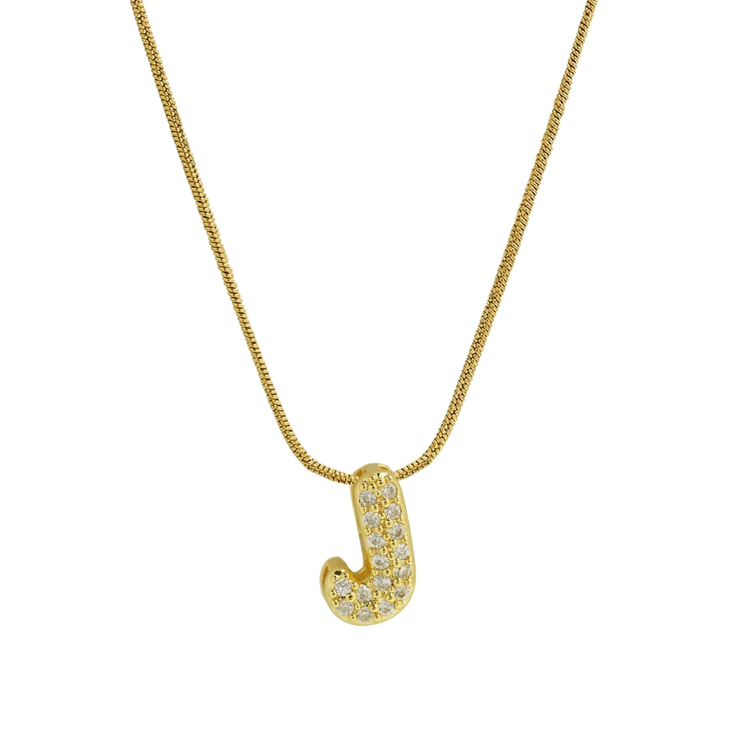 ✨ Collar inicial con letra inglesa, bañado en oro 18K y decorado con circonias incrustadas. Diseño puff/bubble llamativo, moderno y femenino, ideal para destacar tu estilo.