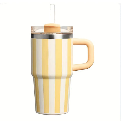 “Taza térmica retro estilo cerámica de 20oz, acero inoxidable con rayas, asa resistente y gran capacidad para café o bebidas en el coche.”