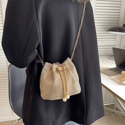 💎 Bolso crossbody con cordón adornado con brillantes: estilo bucket multifuncional, elegante y práctico para uso diario o eventos formales. ¡Un accesorio que combina lujo y comodidad!