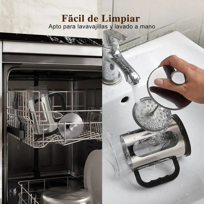 Prensa Francesa de Vidrio 1 L  cafetera de vidrio con émbolo de acero inoxidable y asa plástica. Filtro doble de malla para un café más puro y aromático. Diseño resistente y práctico, ideal para preparar café en casa o bar.