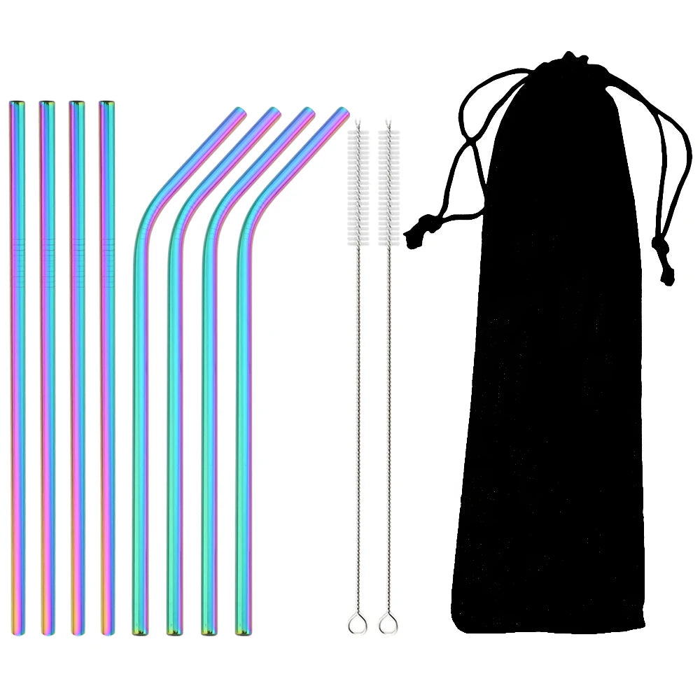 🥤 Set de popotes metálicos reutilizables en acero inoxidable 304, con cepillo de limpieza incluido. Coloridos, resistentes y perfectos para cócteles, vasos y bebidas diarias.