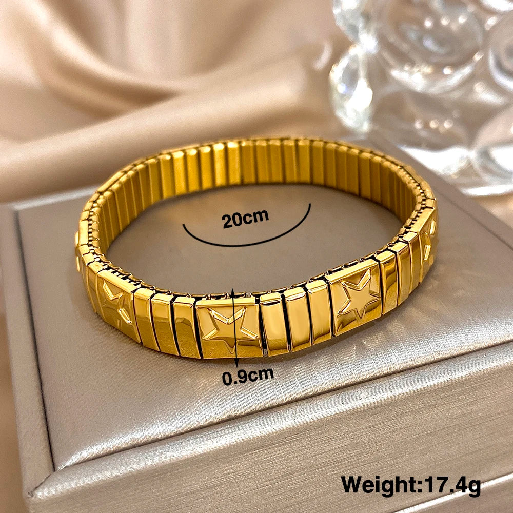 ✨ Pulsera vintage italiana charm elástica en acero inoxidable, con patrón de estrellas. Ajustable y elegante, ideal para mujeres que buscan estilo clásico con un toque moderno.