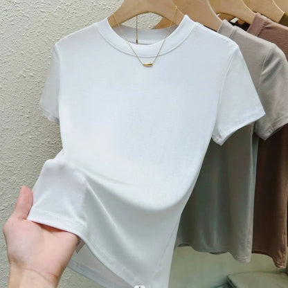 T-shirt de moda para mujer, estilo street y sexy. Corte slim, casual y sólido, disponible en tallas plus. Cuello redondo y manga corta, ideal para verano.