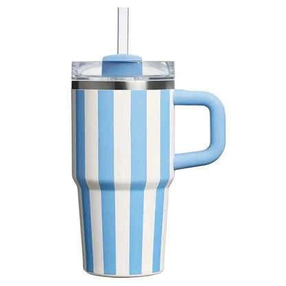 “Taza térmica retro estilo cerámica de 20oz, acero inoxidable con rayas, asa resistente y gran capacidad para café o bebidas en el coche.”