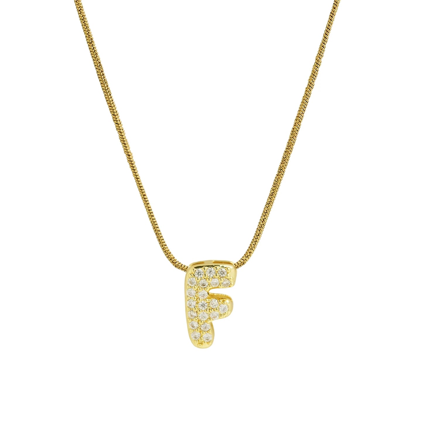 ✨ Collar inicial con letra inglesa, bañado en oro 18K y decorado con circonias incrustadas. Diseño puff/bubble llamativo, moderno y femenino, ideal para destacar tu estilo.