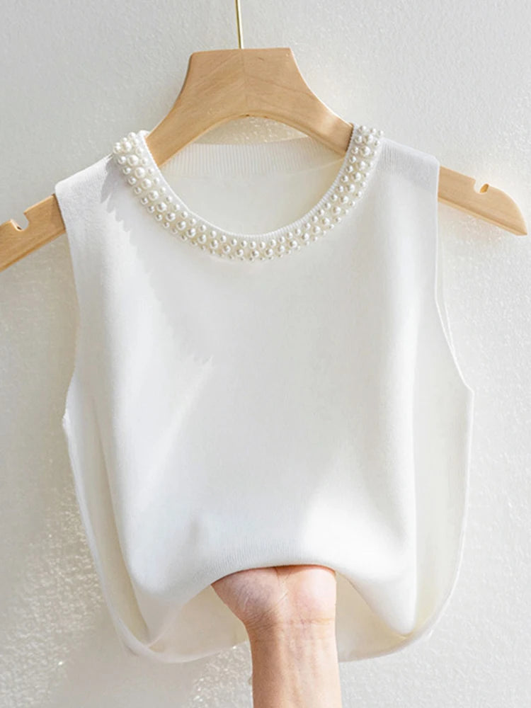 👚 Chaleco tejido estilo coreano para mujer. Top sin mangas con cuentas decorativas, diseño sólido y ligero. Perfecto para verano, casual y a la moda.
