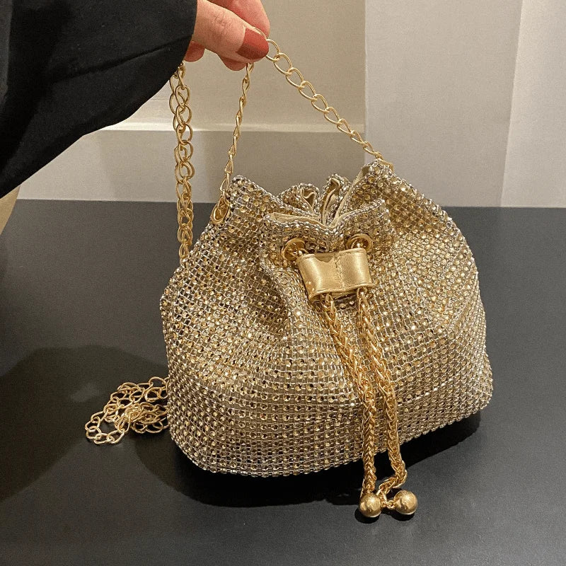 💎 Bolso crossbody con cordón adornado con brillantes: estilo bucket multifuncional, elegante y práctico para uso diario o eventos formales. ¡Un accesorio que combina lujo y comodidad!