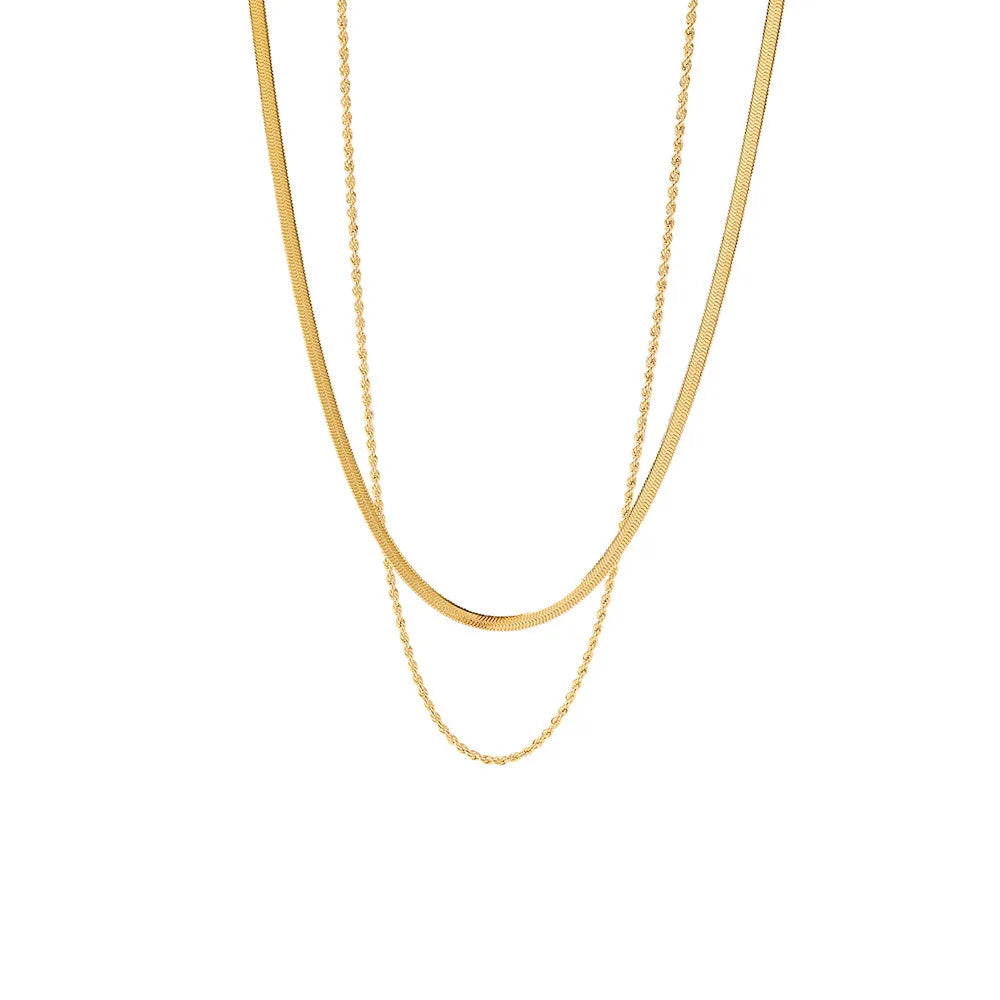 Collar punk vintage de doble capa con cadena de serpiente y colgante, acero inoxidable dorado, estilo choker grueso y moderno para mujer.