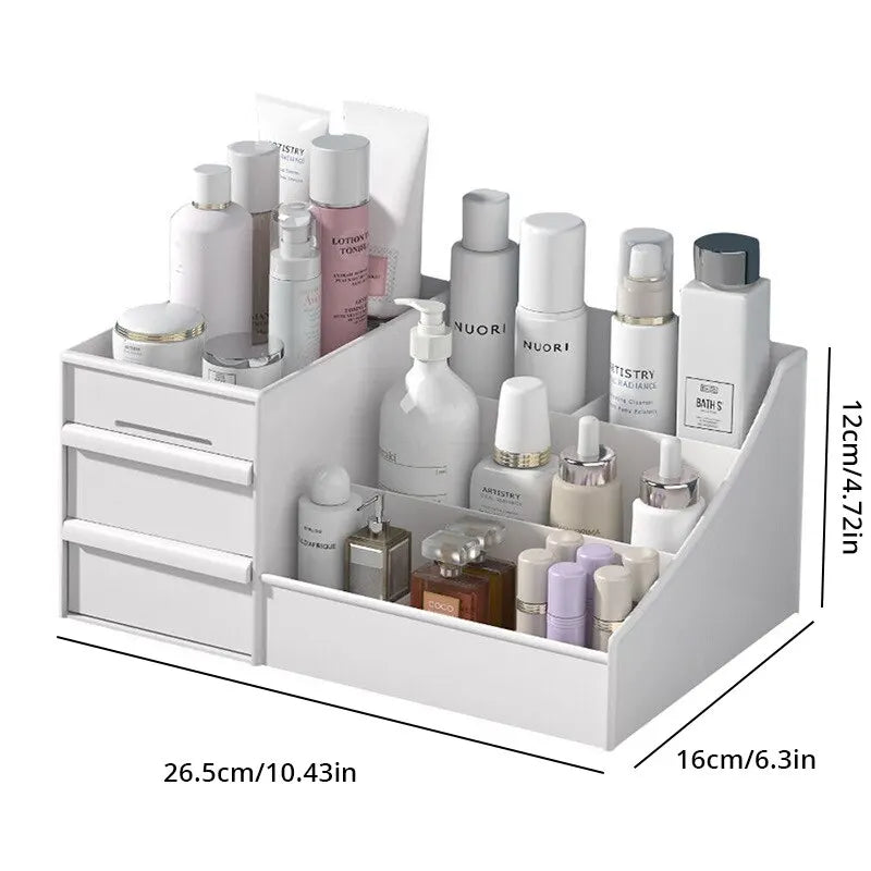 Caja Organizadora de Maquillaje con cajón para cosméticos y cuidado de la piel. Práctica para dormitorio o tocador, ideal para mantener tu espacio ordenado y elegante.