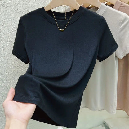T-shirt de moda para mujer, estilo street y sexy. Corte slim, casual y sólido, disponible en tallas plus. Cuello redondo y manga corta, ideal para verano.