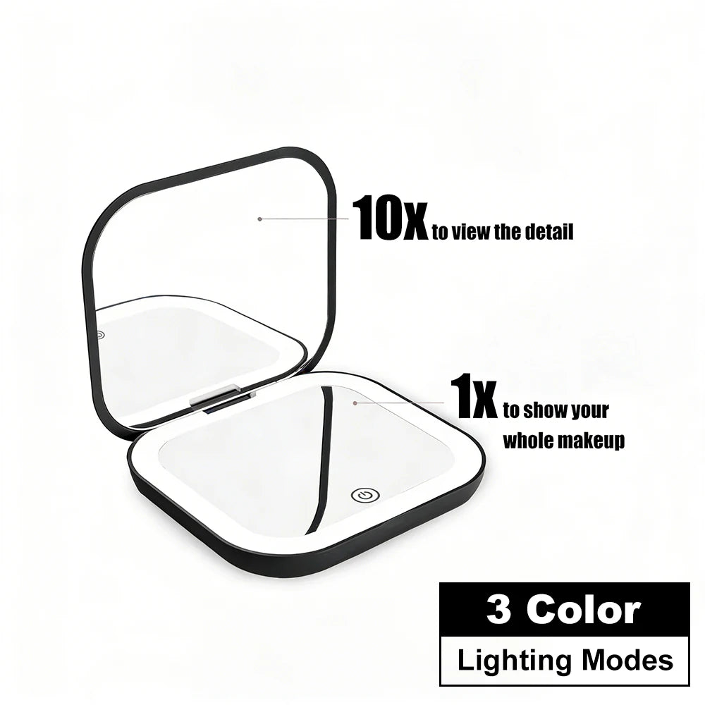 Espejo compacto con luces LED, aumento 1X/2X y diseño plegable portátil. Perfecto para maquillaje de viaje, bolso o como regalo práctico y elegante.