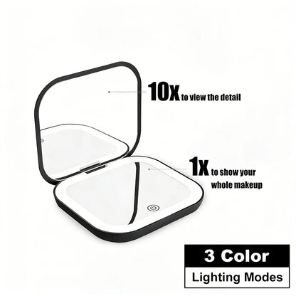 Espejo compacto con luces LED, aumento 1X/2X y diseño plegable portátil. Perfecto para maquillaje de viaje, bolso o como regalo práctico y elegante.