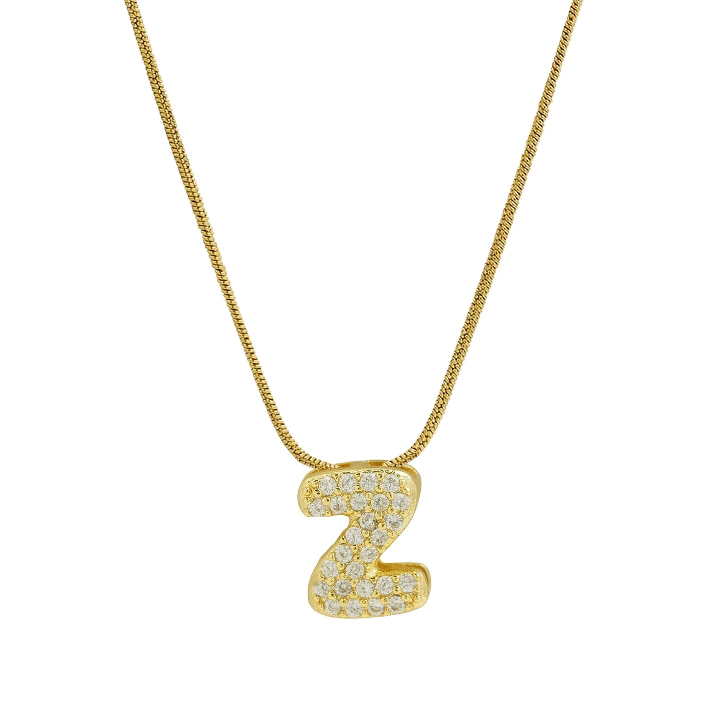 ✨ Collar inicial con letra inglesa, bañado en oro 18K y decorado con circonias incrustadas. Diseño puff/bubble llamativo, moderno y femenino, ideal para destacar tu estilo.