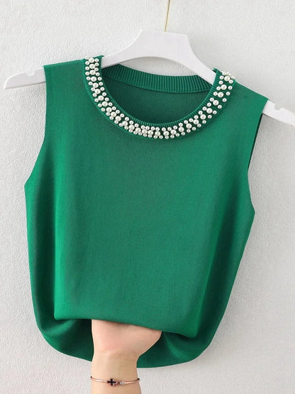 👚 Chaleco tejido estilo coreano para mujer. Top sin mangas con cuentas decorativas, diseño sólido y ligero. Perfecto para verano, casual y a la moda.