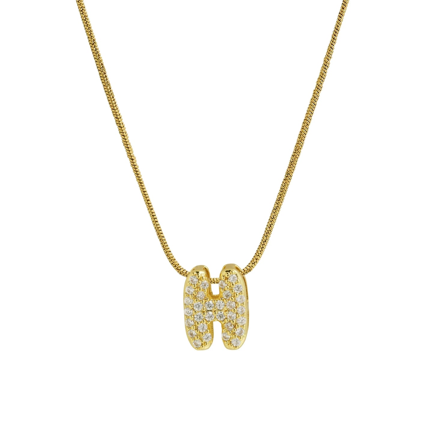 ✨ Collar inicial con letra inglesa, bañado en oro 18K y decorado con circonias incrustadas. Diseño puff/bubble llamativo, moderno y femenino, ideal para destacar tu estilo.