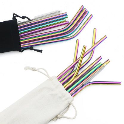 🥤 Set de popotes metálicos reutilizables en acero inoxidable 304, con cepillo de limpieza incluido. Coloridos, resistentes y perfectos para cócteles, vasos y bebidas diarias.