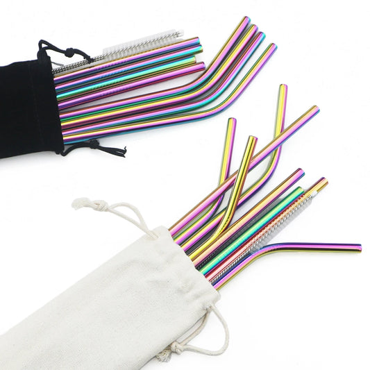 🥤 Set de popotes metálicos reutilizables en acero inoxidable 304, con cepillo de limpieza incluido. Coloridos, resistentes y perfectos para cócteles, vasos y bebidas diarias.