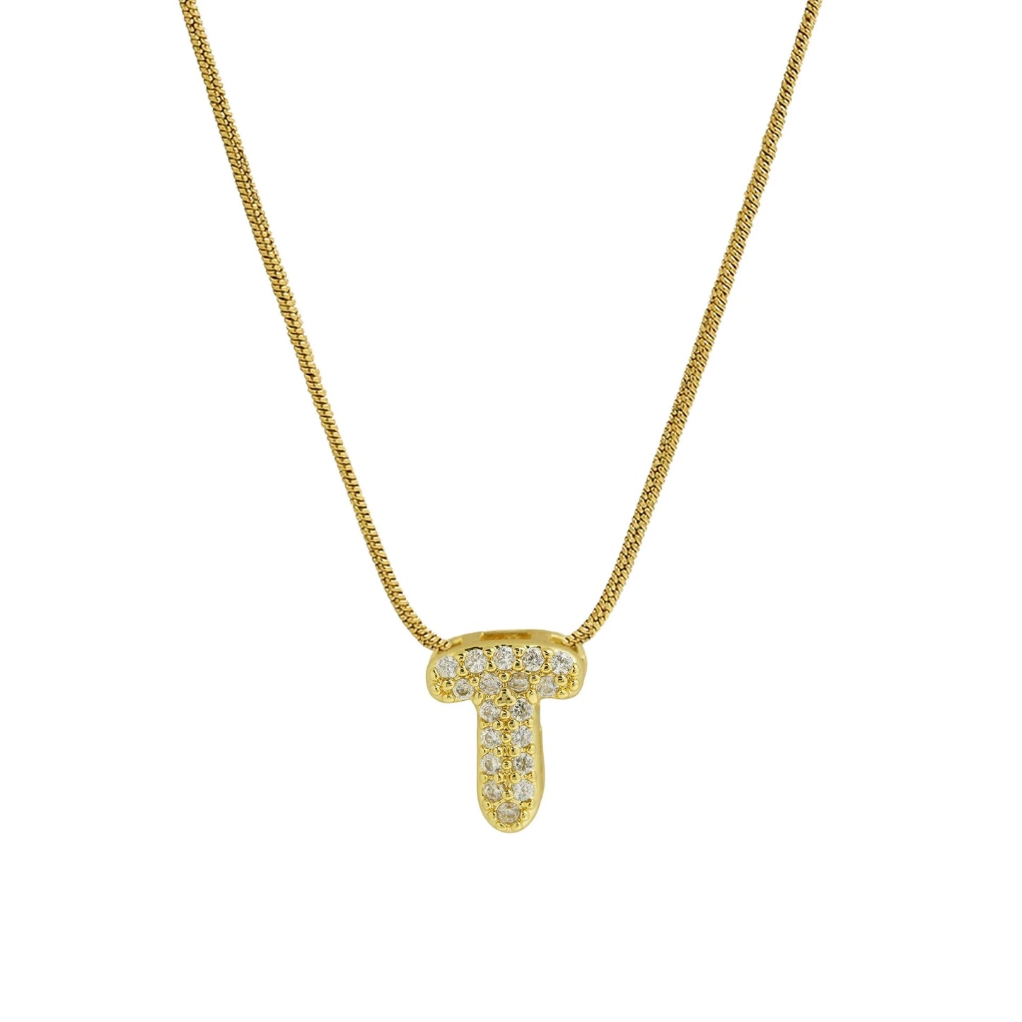 ✨ Collar inicial con letra inglesa, bañado en oro 18K y decorado con circonias incrustadas. Diseño puff/bubble llamativo, moderno y femenino, ideal para destacar tu estilo.