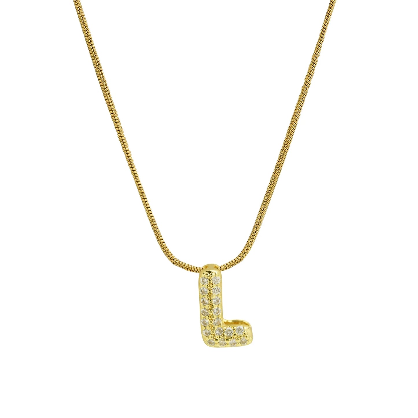 ✨ Collar inicial con letra inglesa, bañado en oro 18K y decorado con circonias incrustadas. Diseño puff/bubble llamativo, moderno y femenino, ideal para destacar tu estilo.