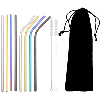 🥤 Set de popotes metálicos reutilizables en acero inoxidable 304, con cepillo de limpieza incluido. Coloridos, resistentes y perfectos para cócteles, vasos y bebidas diarias.