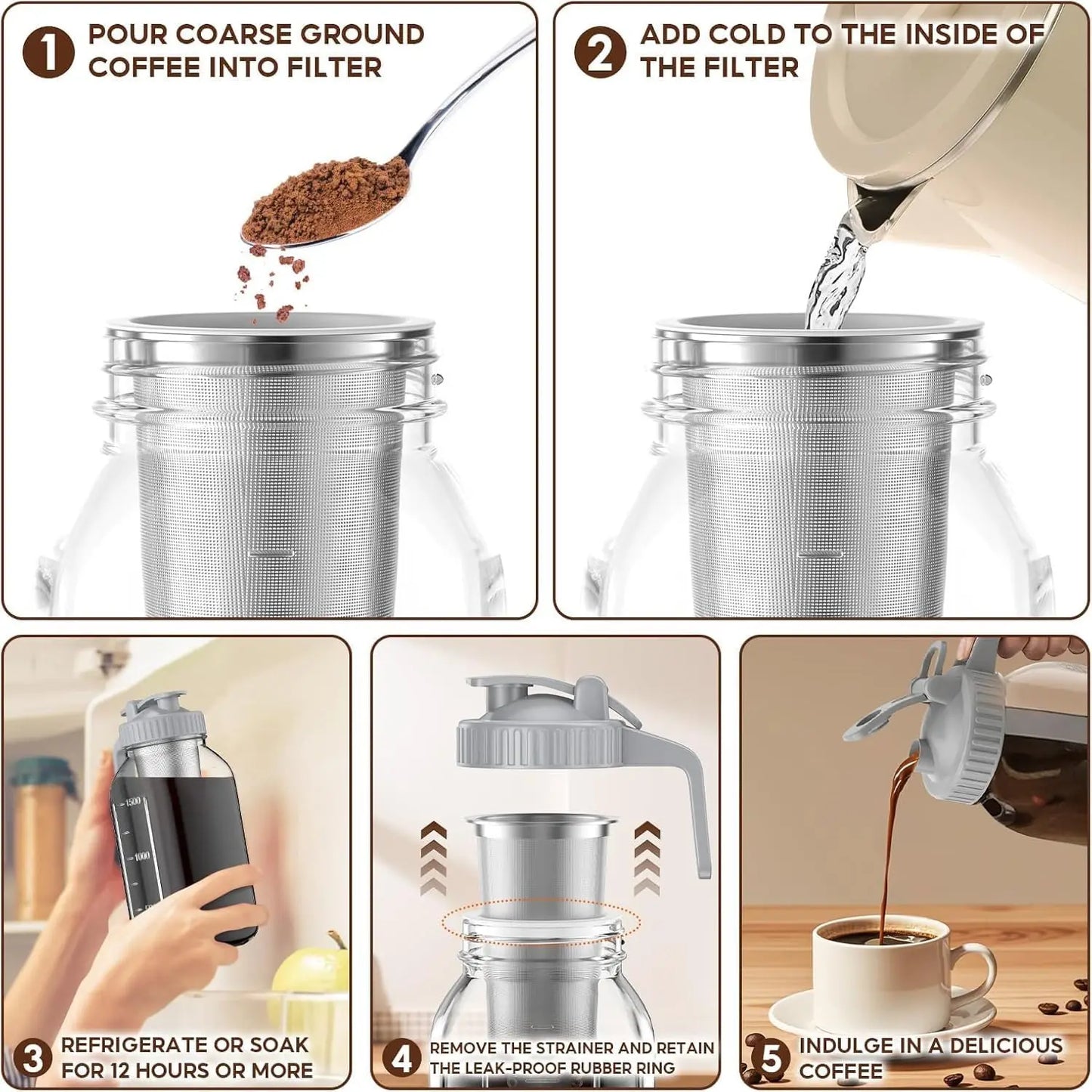 Frasco de vidrio con tapa hermética y filtro de acero inoxidable extraíble. Ideal para preparar y servir café frío o té. Diseño práctico, elegante y perfecto para la cocina o la mesa.