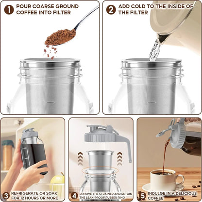 Frasco de vidrio con tapa hermética y filtro de acero inoxidable extraíble. Ideal para preparar y servir café frío o té. Diseño práctico, elegante y perfecto para la cocina o la mesa.