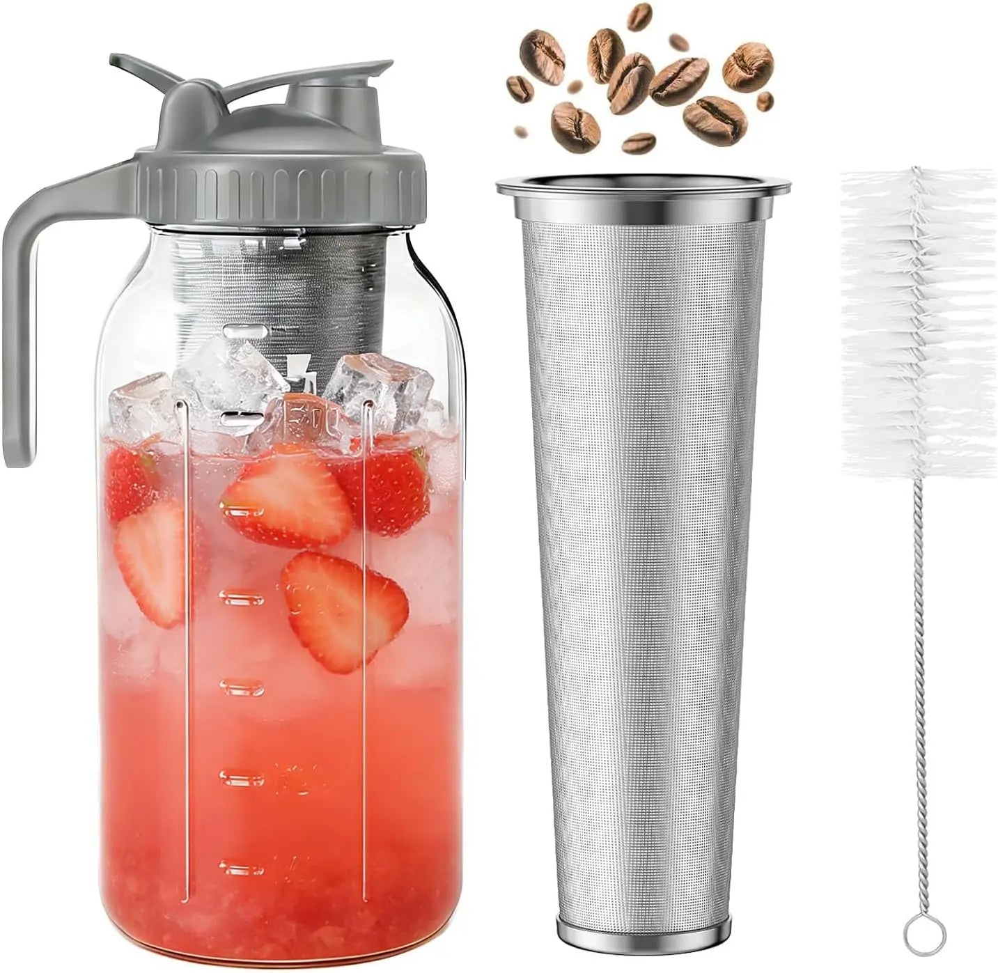 Frasco de vidrio con tapa hermética y filtro de acero inoxidable extraíble. Ideal para preparar y servir café frío o té. Diseño práctico, elegante y perfecto para la cocina o la mesa.