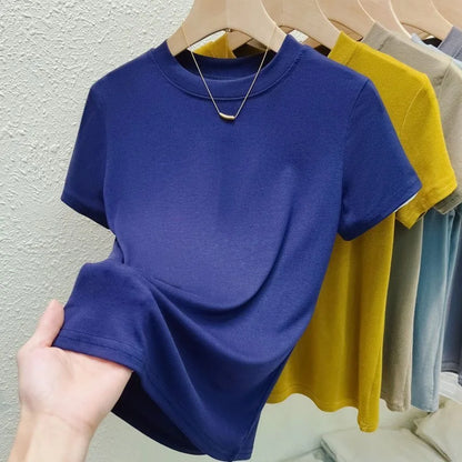 T-shirt de moda para mujer, estilo street y sexy. Corte slim, casual y sólido, disponible en tallas plus. Cuello redondo y manga corta, ideal para verano.