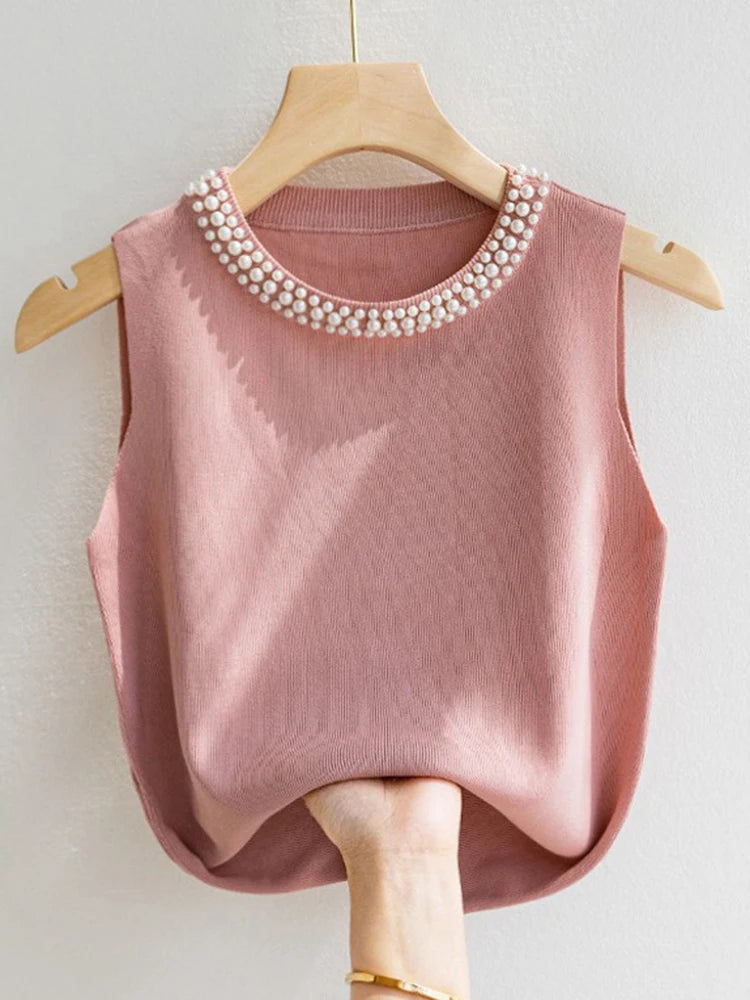 👚 Chaleco tejido estilo coreano para mujer. Top sin mangas con cuentas decorativas, diseño sólido y ligero. Perfecto para verano, casual y a la moda.