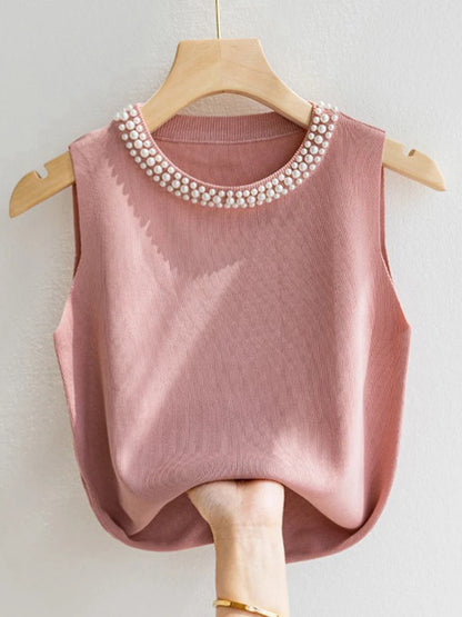 👚 Chaleco tejido estilo coreano para mujer. Top sin mangas con cuentas decorativas, diseño sólido y ligero. Perfecto para verano, casual y a la moda.