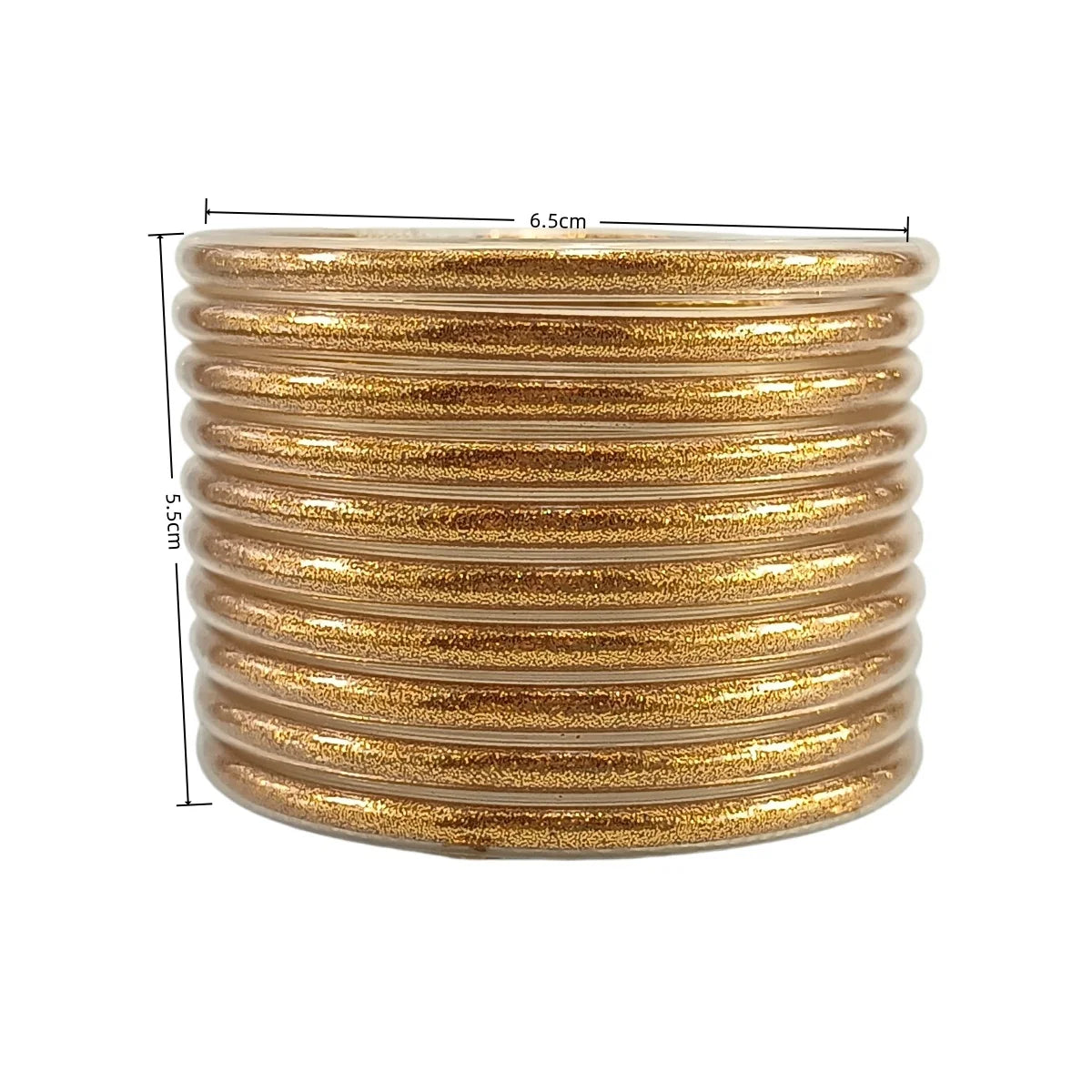 Set de 10 pulseras de silicona con glitter, en tonos cálidos dorados, ideales para complementar cualquier look femenino.