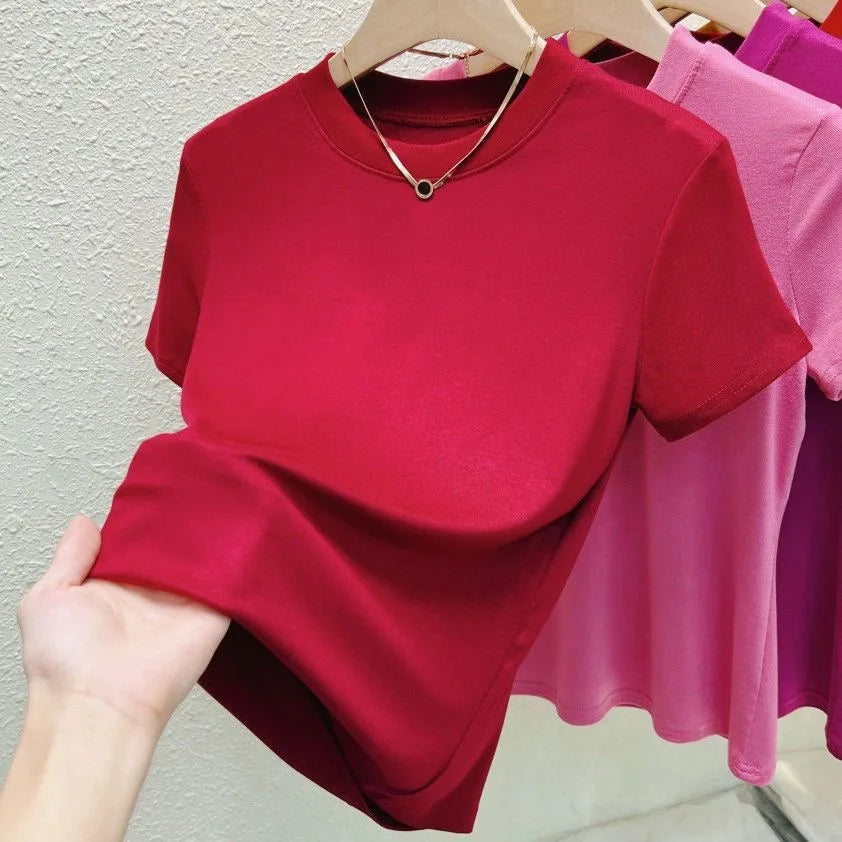 T-shirt de moda para mujer, estilo street y sexy. Corte slim, casual y sólido, disponible en tallas plus. Cuello redondo y manga corta, ideal para verano.