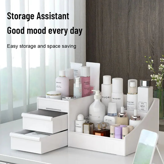 Caja Organizadora de Maquillaje con cajón para cosméticos y cuidado de la piel. Práctica para dormitorio o tocador, ideal para mantener tu espacio ordenado y elegante.