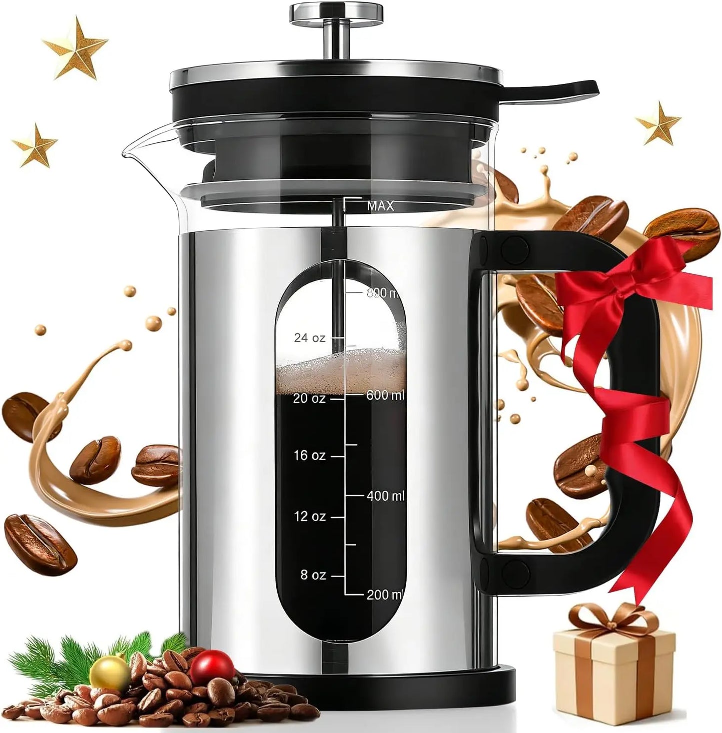 Prensa Francesa de Vidrio 1 L  cafetera de vidrio con émbolo de acero inoxidable y asa plástica. Filtro doble de malla para un café más puro y aromático. Diseño resistente y práctico, ideal para preparar café en casa o bar.