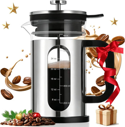 Prensa Francesa de Vidrio 1 L  cafetera de vidrio con émbolo de acero inoxidable y asa plástica. Filtro doble de malla para un café más puro y aromático. Diseño resistente y práctico, ideal para preparar café en casa o bar.