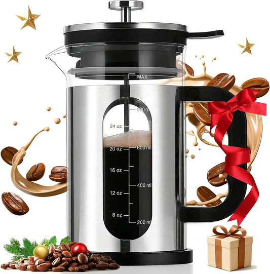 Prensa Francesa de Vidrio 1 L  cafetera de vidrio con émbolo de acero inoxidable y asa plástica. Filtro doble de malla para un café más puro y aromático. Diseño resistente y práctico, ideal para preparar café en casa o bar.