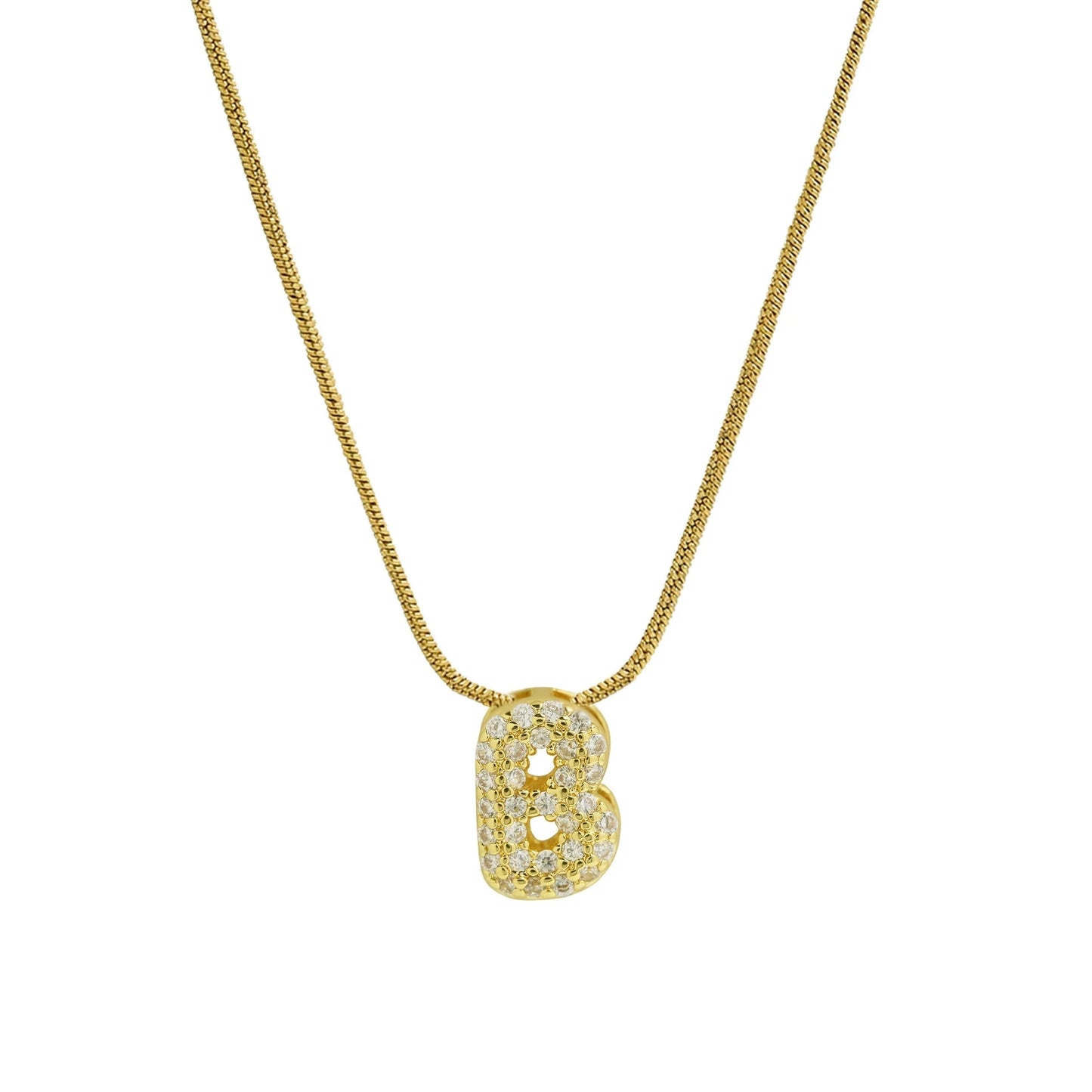 ✨ Collar inicial con letra inglesa, bañado en oro 18K y decorado con circonias incrustadas. Diseño puff/bubble llamativo, moderno y femenino, ideal para destacar tu estilo.