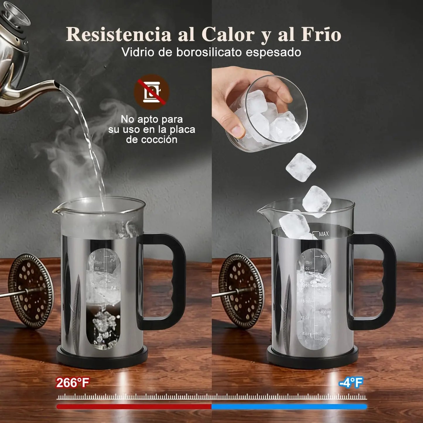 Prensa Francesa de Vidrio 1 L  cafetera de vidrio con émbolo de acero inoxidable y asa plástica. Filtro doble de malla para un café más puro y aromático. Diseño resistente y práctico, ideal para preparar café en casa o bar.