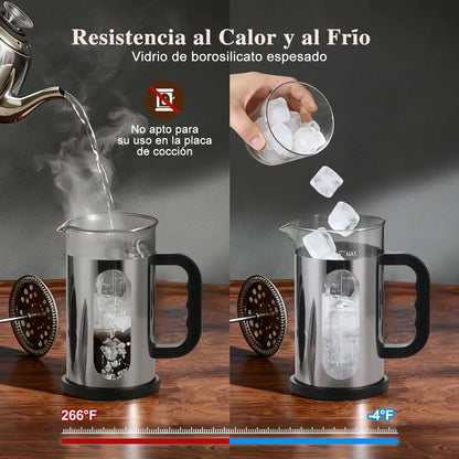 Prensa Francesa de Vidrio 1 L  cafetera de vidrio con émbolo de acero inoxidable y asa plástica. Filtro doble de malla para un café más puro y aromático. Diseño resistente y práctico, ideal para preparar café en casa o bar.