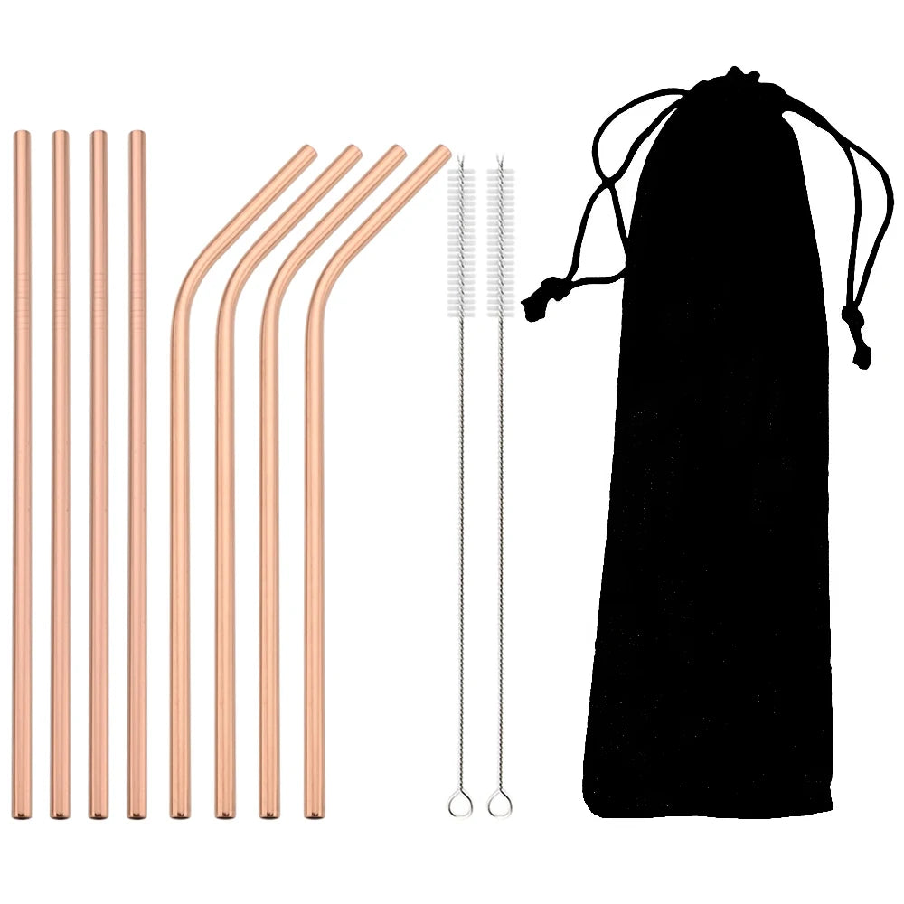 🥤 Set de popotes metálicos reutilizables en acero inoxidable 304, con cepillo de limpieza incluido. Coloridos, resistentes y perfectos para cócteles, vasos y bebidas diarias.