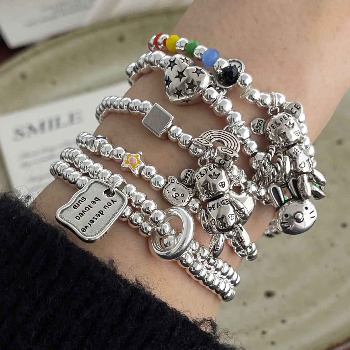 Pulseras de plata 925 para mujer y hombre, accesorios de moda vintage con cuentas y dije, joyería de fiesta