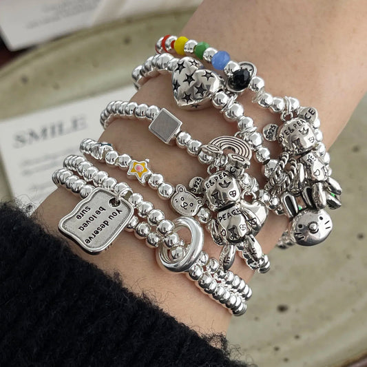 Pulseras de plata 925 para mujer y hombre, accesorios de moda vintage con cuentas y dije, joyería de fiesta