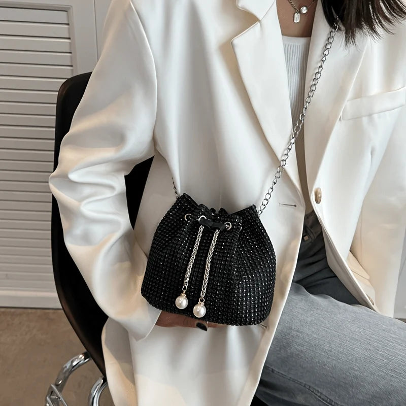 💎 Bolso crossbody con cordón adornado con brillantes: estilo bucket multifuncional, elegante y práctico para uso diario o eventos formales. ¡Un accesorio que combina lujo y comodidad!